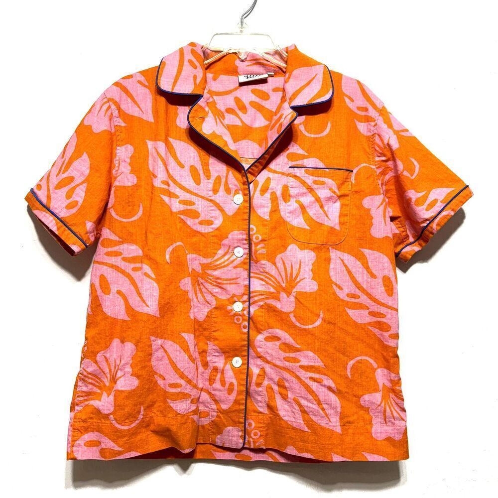 Sleepy Jones Top 100% Cotton Button Front Short Sleeve Orange Shirt sz Small